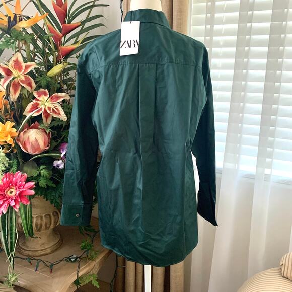 Zara Asymmetric Poplin Button Up Long Sleeve Shirt in Duck Green - Picture 7 of 10